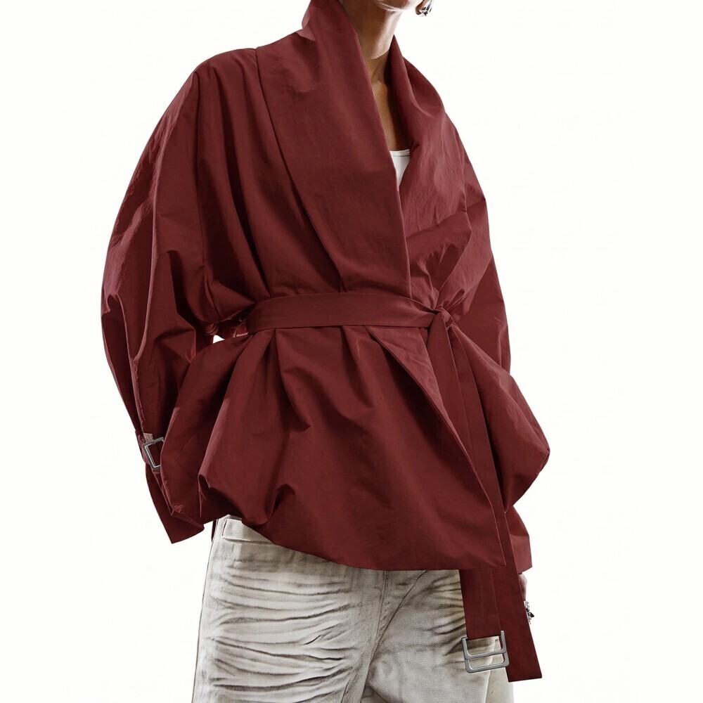 Brick Red Shawl Collar Belted Oversized Cocoon Trench Jacket